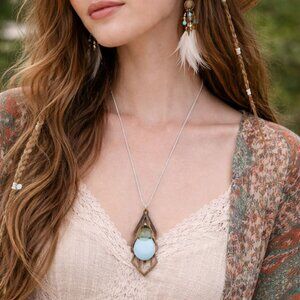 Bohemian necklace with a Zen figure made of wood and fused glass